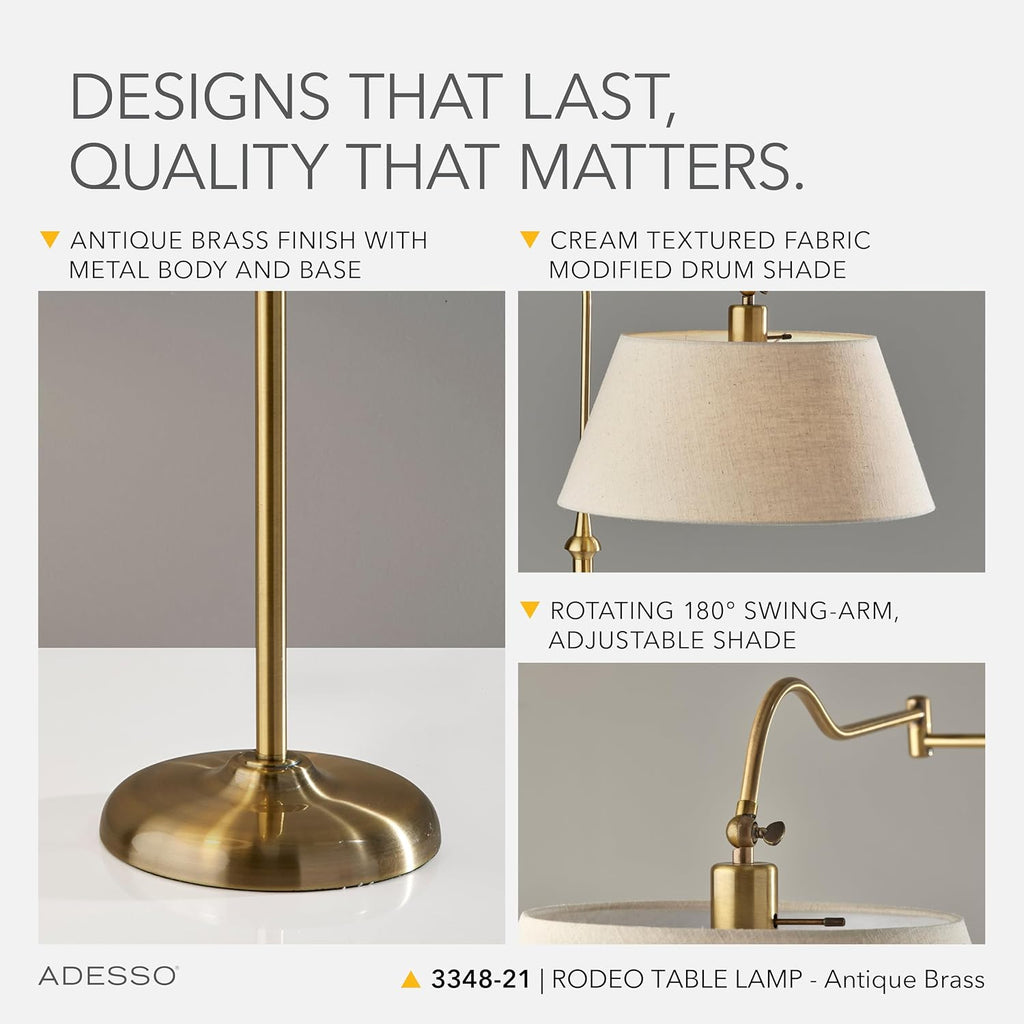 Adesso Antique Brass Table Lamp with Cream Fabric Shade - 180 Degree Adjustable Arm, Versatile Bedside Table, Living Room, or Desk Lamp, 27' Tall