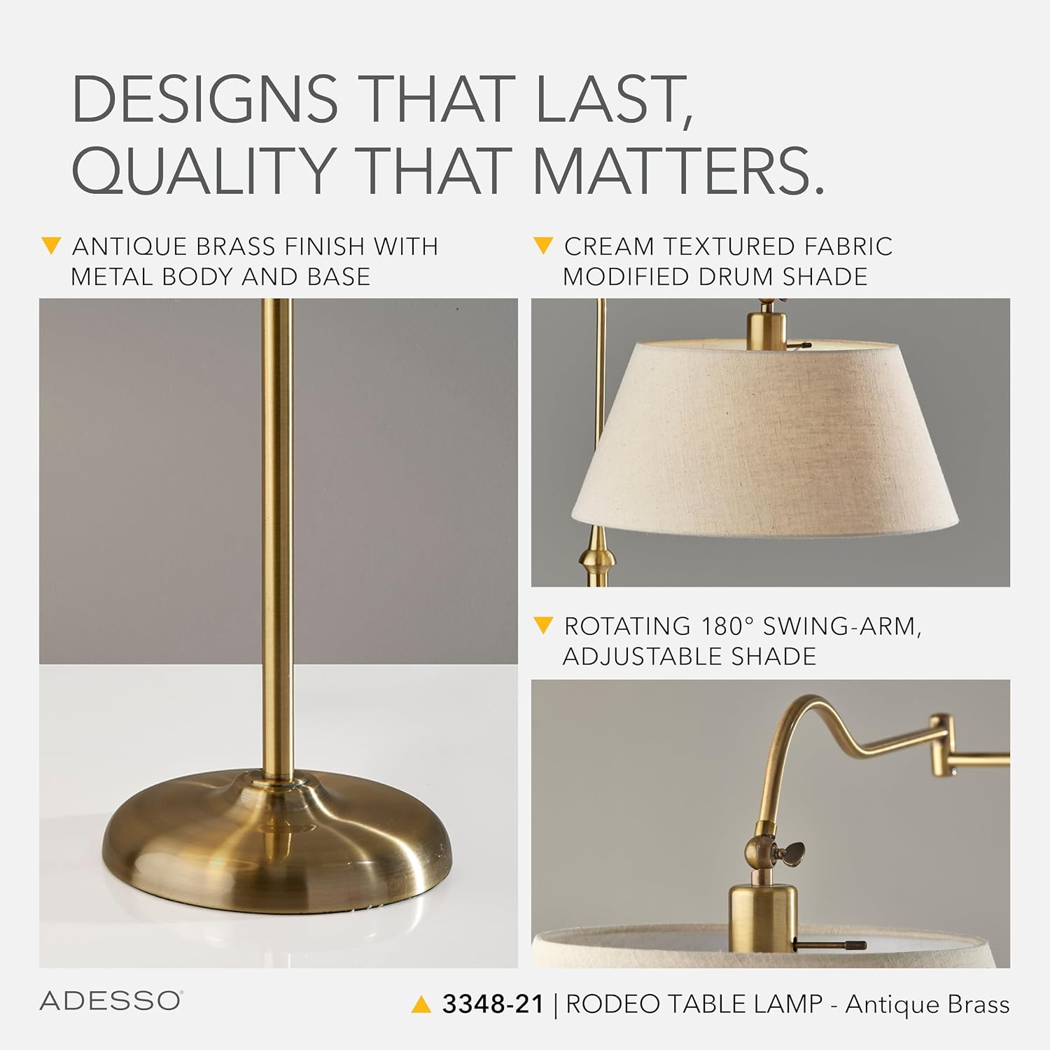 Adesso Antique Brass Table Lamp with Cream Fabric Shade - 180 Degree Adjustable Arm, Versatile Bedside Table, Living Room, or Desk Lamp, 27' Tall
