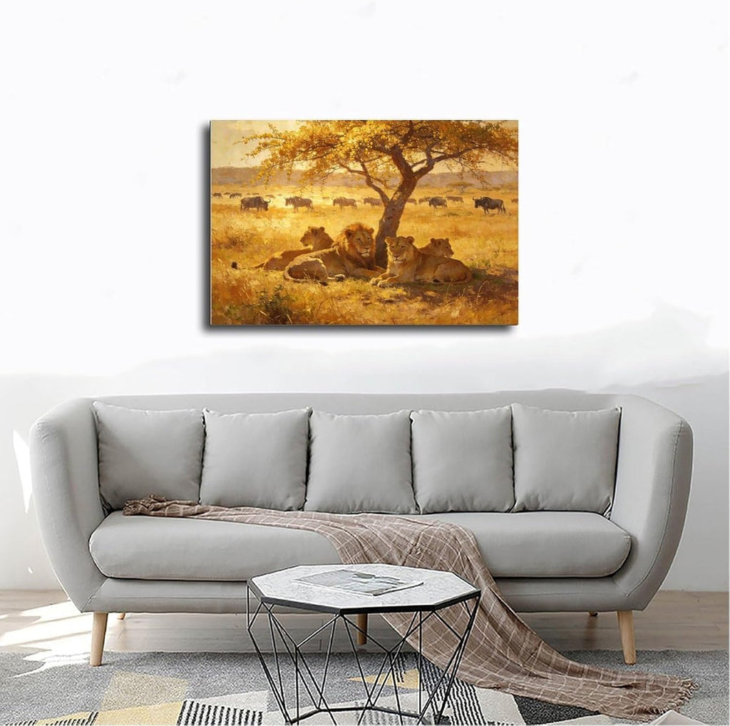 African Lions Wall Art Print, Lion Pride Resting Under Acacia Tree at Golden Sunset, Safari Wildlife Painting Poster 24x36inch(60x90cm)