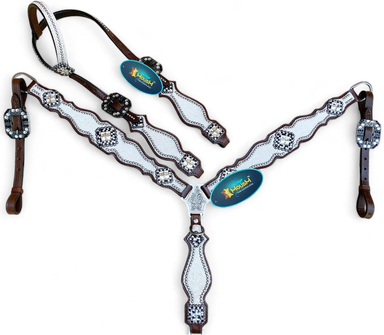 Western Leather Headstall & Breast Collar Set for Horses - Valentine's Day Silver Metallic Cowhide with Rhinestones