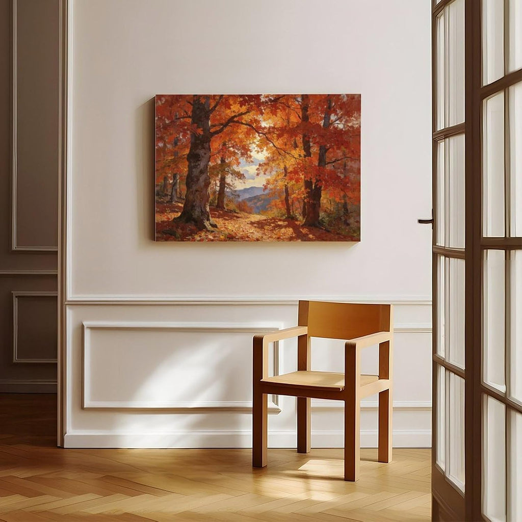 Autumn Forest Wall Art Print, Vibrant Red Maple Tree Landscape Painting, Fall Foliage Poster for Living Room Bedroom Decor 24x36inch(60x90cm)