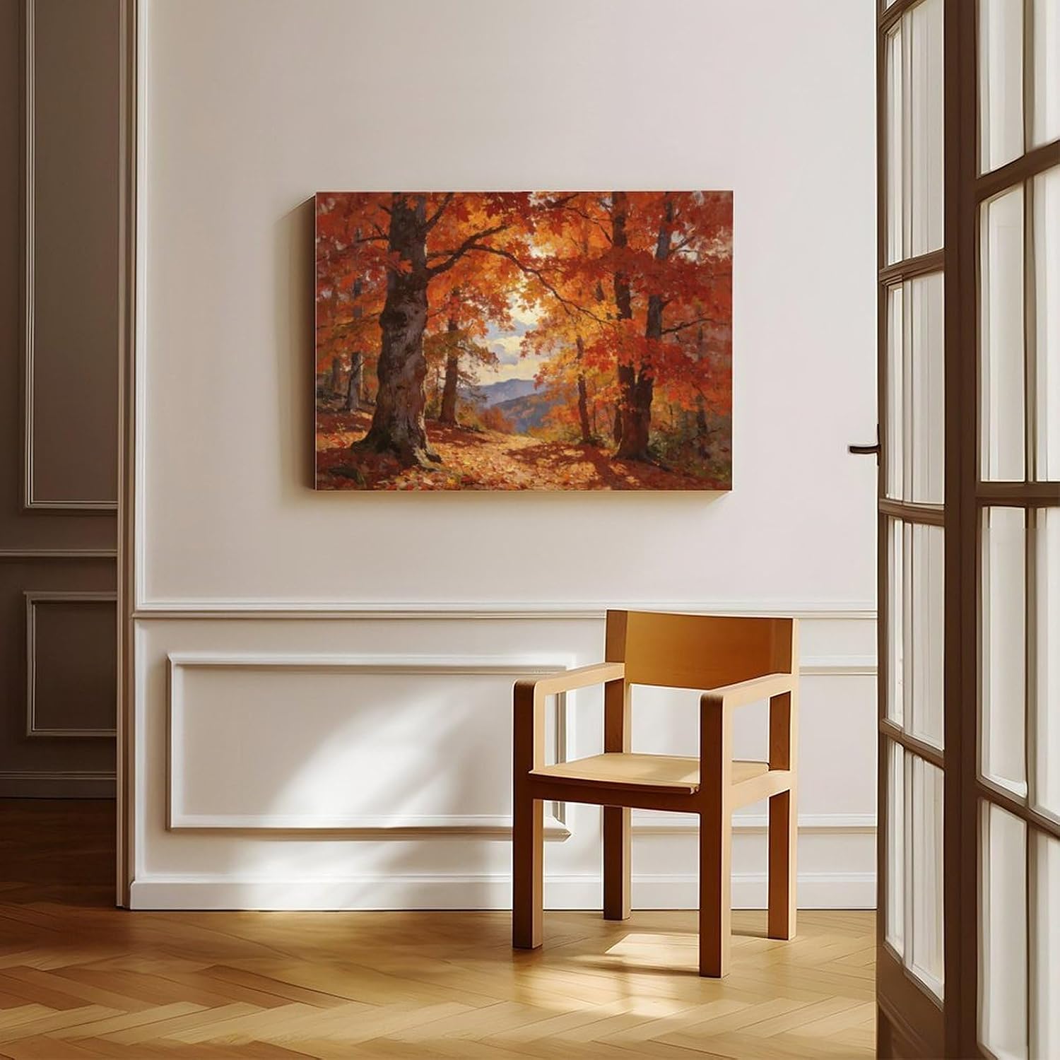 Autumn Forest Wall Art Print, Vibrant Red Maple Tree Landscape Painting, Fall Foliage Poster for Living Room Bedroom Decor 24x36inch(60x90cm)