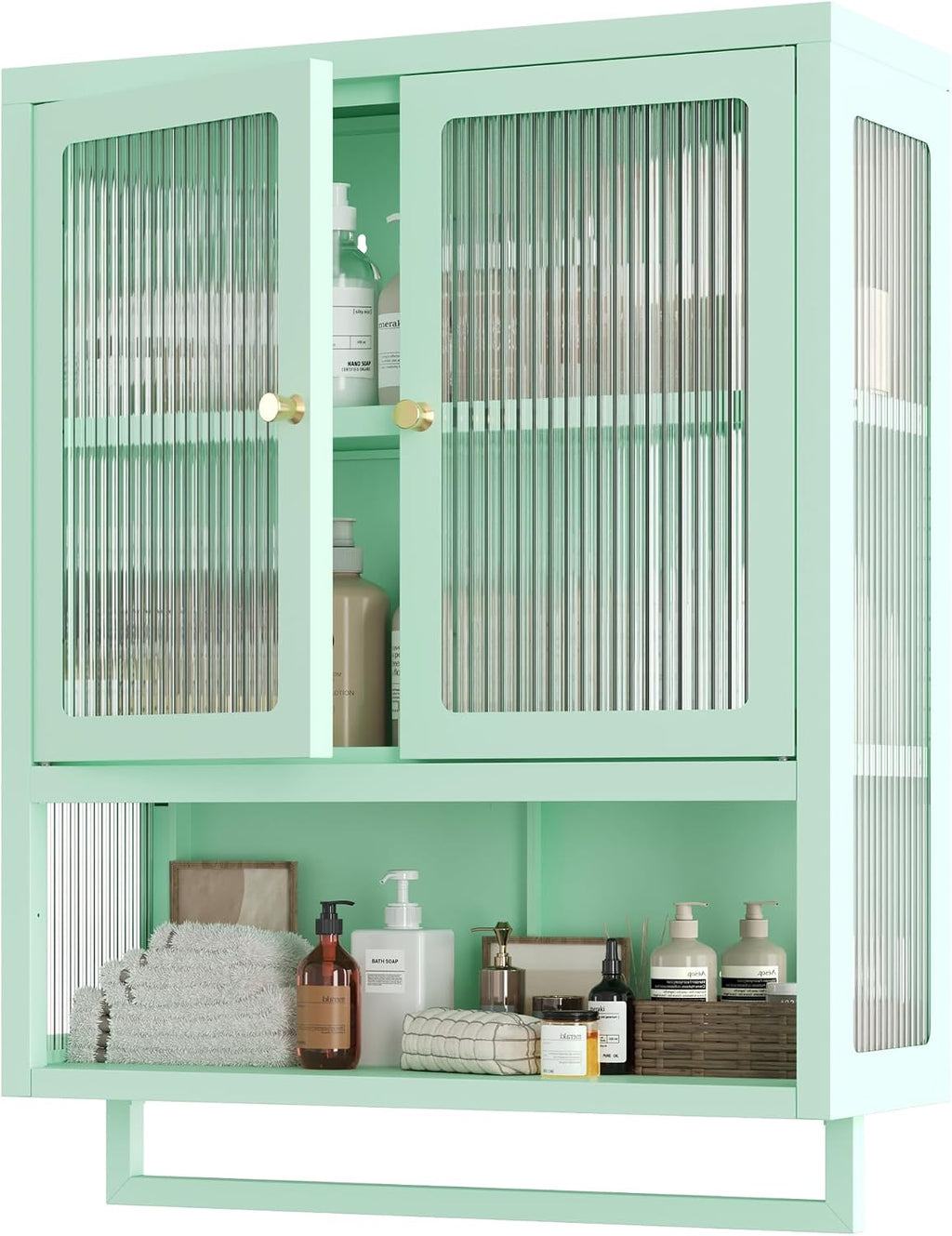 Bathroom Wall Cabinet with 2 Glass Door, Bathroom Medicine Cabinet with Towels Bar and Shelves, Over The Toilet Storage Cabinet, Metal Wall Mounted Cabinet for Laundry Room Kitchen (Green)