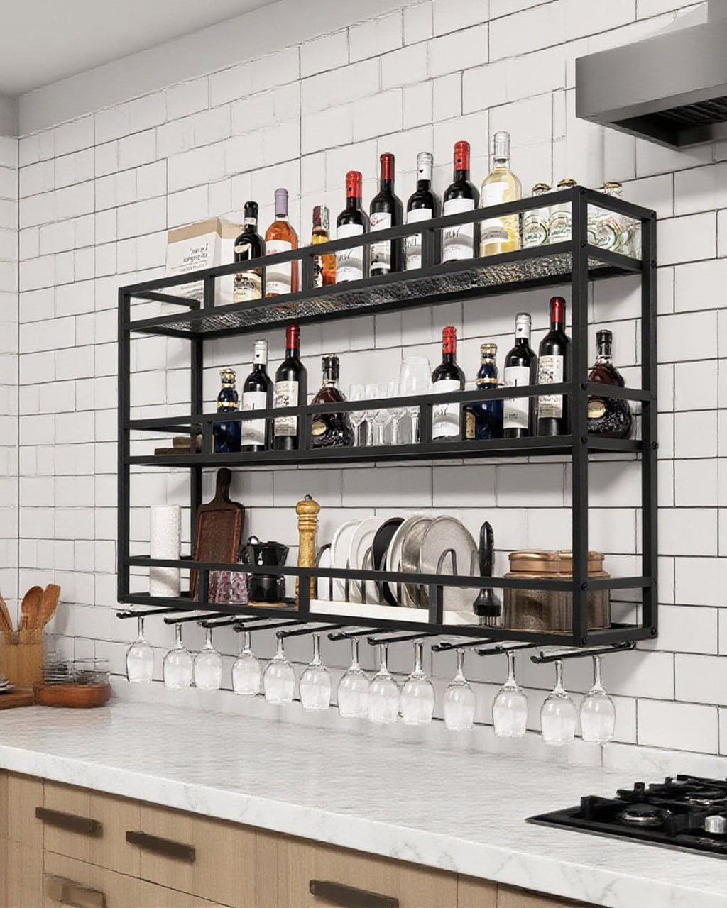 59' Large Wine Rack Wall Mounted with Bottle Glass Holder, 3-Tiers Metal Bar Shelves for Liquor Bottles with LED Light, Wall Wine Rack for Home, Restaurant, Commercial Bar, Kitchen Storage Display