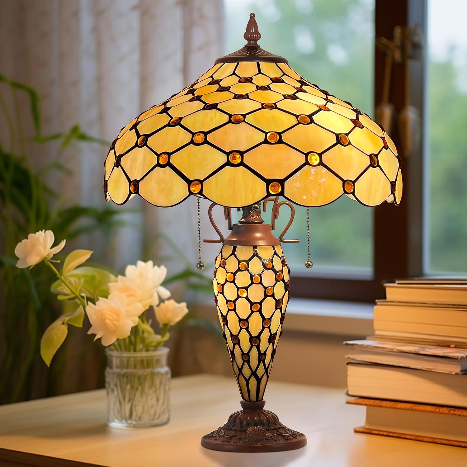 Capulina Tiffany Lamp Stained Glass Table Lamp with Nightlight 16X16X25 Inches Mother-Daughter Vase Amber Beads Tiffany Style Desk Lamp for Home Office Living Room Bedroom Study Room