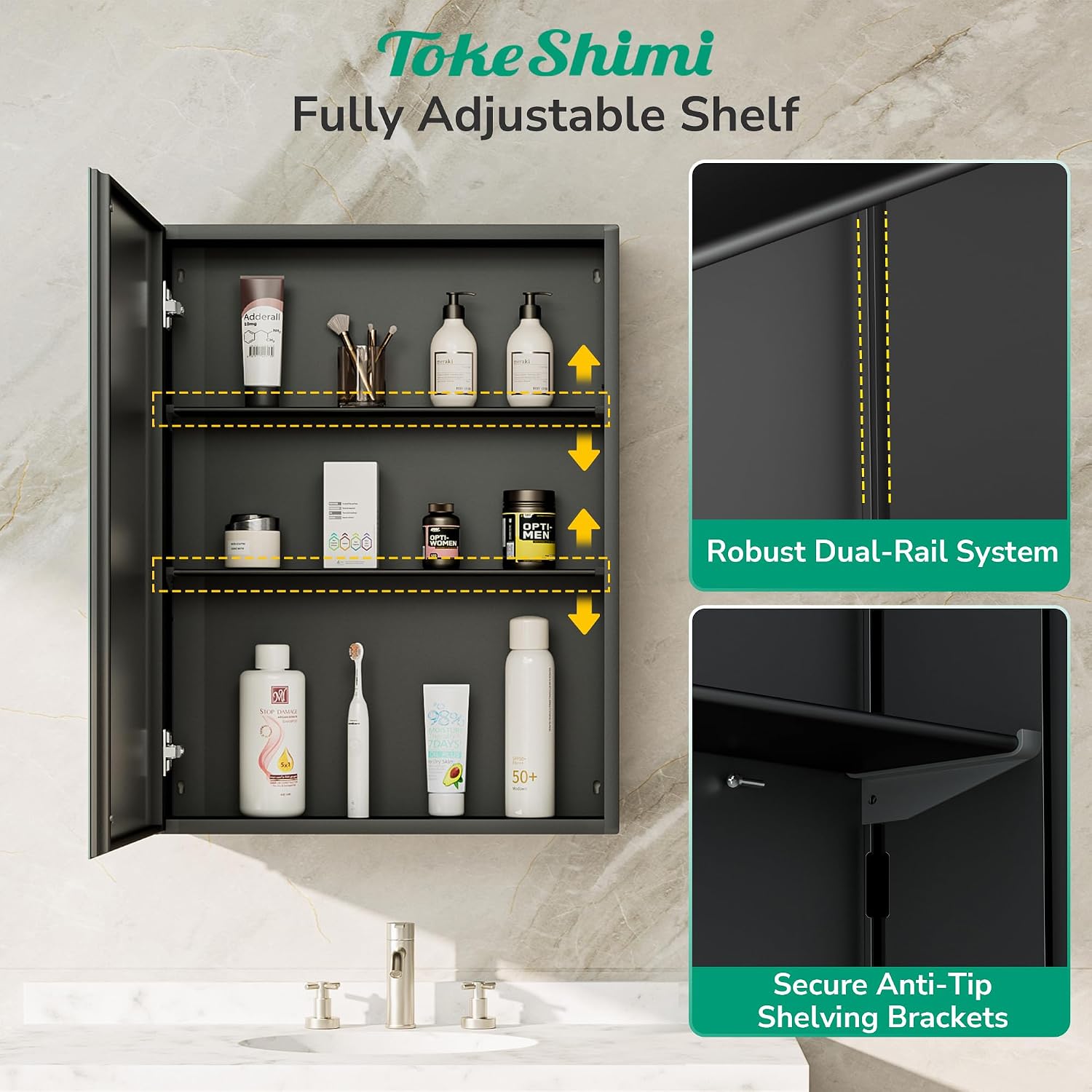 TokeShimi 14 x 24 Medicine Cabinet with Mirror, Assembly Required, Black Recessed Bathroom Medicine Cabinet with Tempered Beveled Mirror, Stepless Adjustable Shelves, DTC Hinge