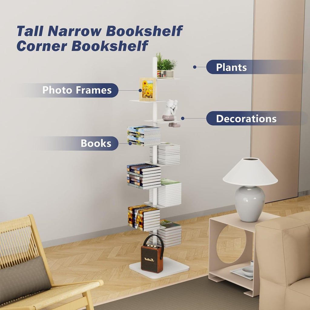 Choowin 9-Shelf Metal Spine Bookshelf Vertical Bookshelf, Adjustable Modern Floating Narrow Tree Book Shelf Book Tower, Display Shelf for Bedroom Living Room Office, 70 inch Tall, White