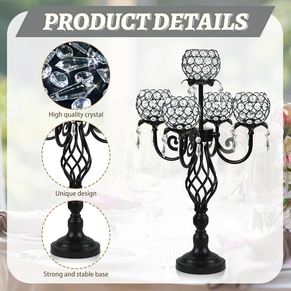 5-Arm Crystal Candelabra Centerpiece 23.2' Tall - Elegant Candle Holder Stand with Crystal Bowl, Chic Table Decor for Weddings, Parties, Anniversary & Home Decoration (4, Black)