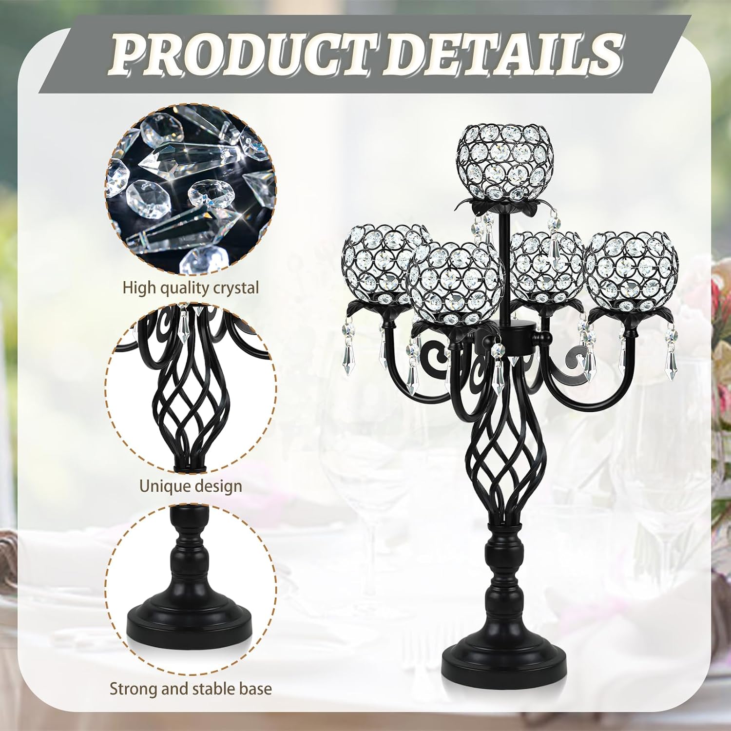 5-Arm Crystal Candelabra Centerpiece 23.2' Tall - Elegant Candle Holder Stand with Crystal Bowl, Chic Table Decor for Weddings, Parties, Anniversary & Home Decoration (4, Black)
