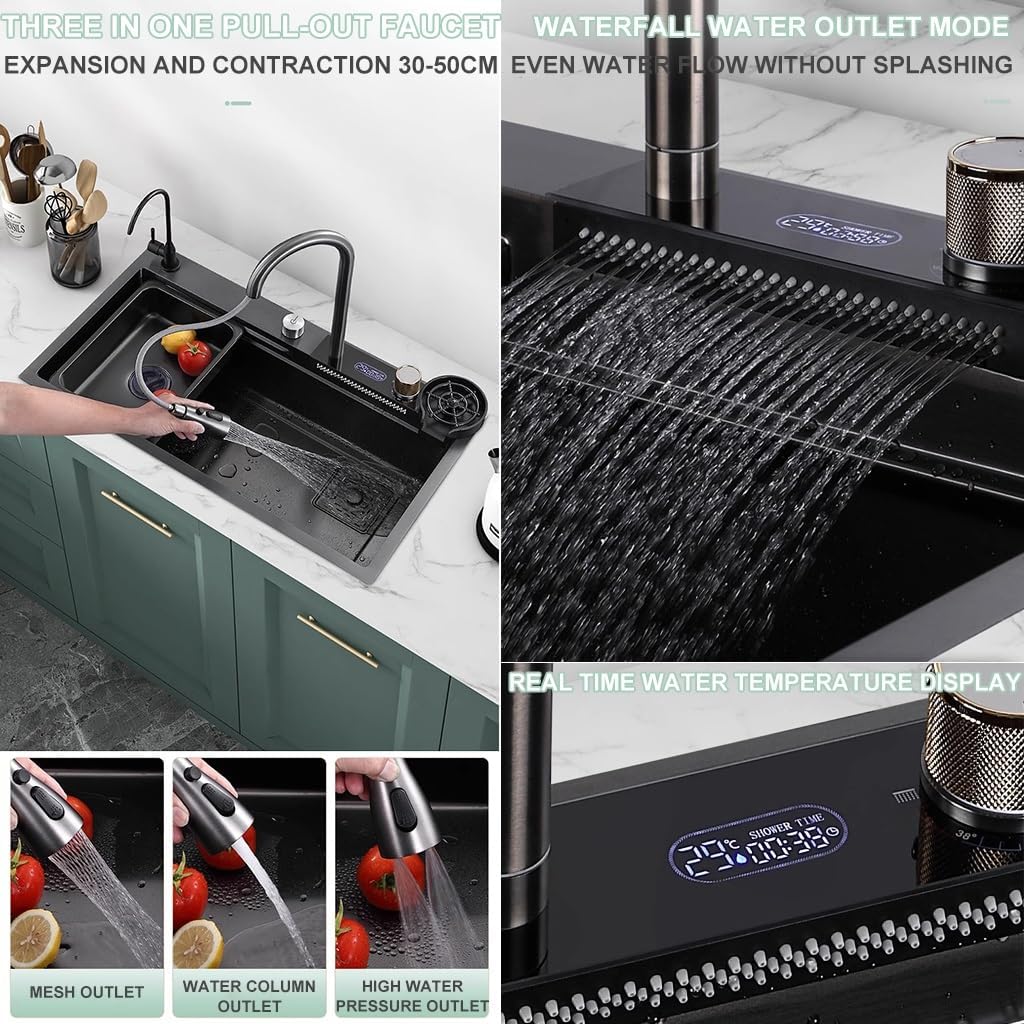 Kitchen Waterfall Sink Stainless Steel Single-Bowl Bar Prep Sink Nano-Coated Workstation Sink with Waterfall Pull-Down Faucet and Complete Accessory Set (Color : Black, Size : 80x45x21cm) (Black