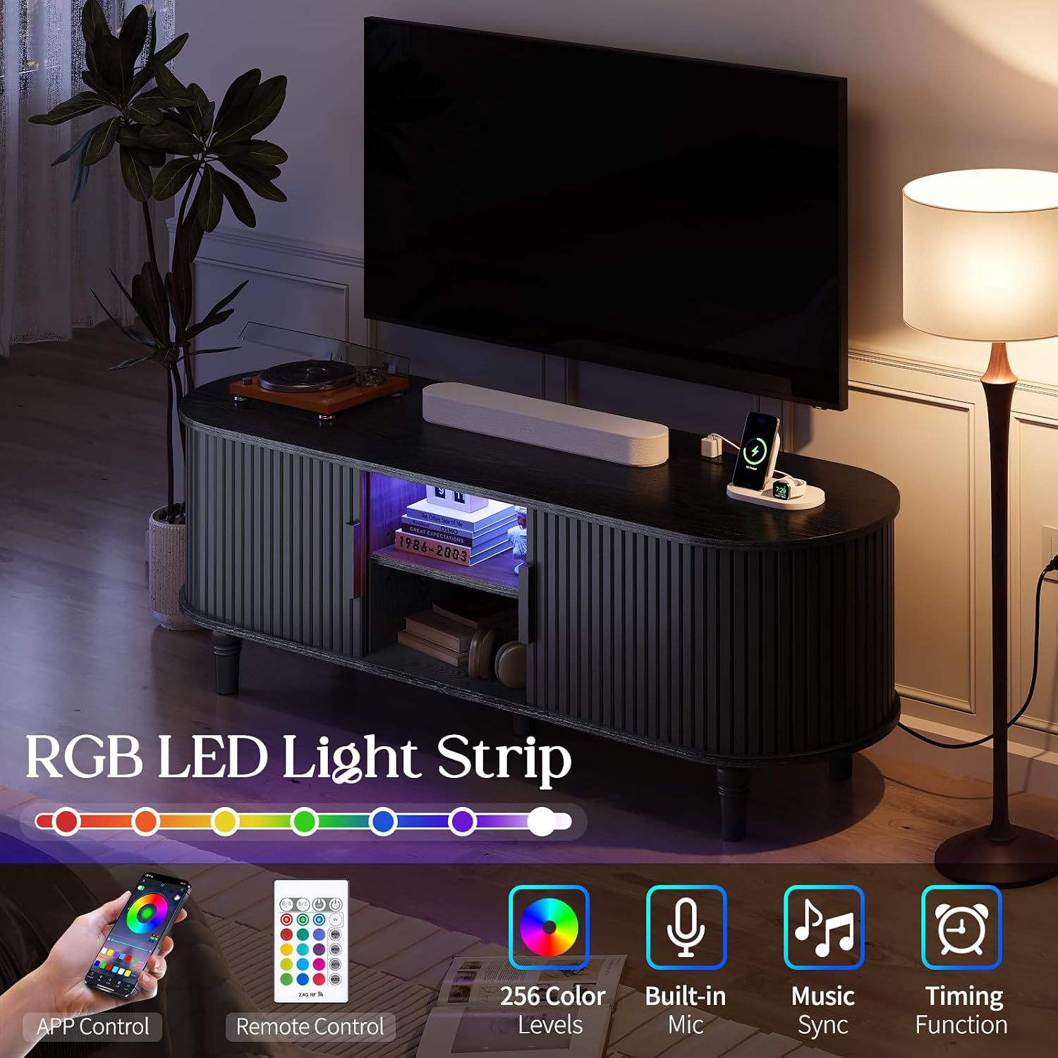 TV Console with Power Outlet-55' Entertainment Center with Sliding Tambour Door, Modern TV Stands for Living Room Bedroom, LED Media Stand with Storage Cabinet and Adjustable Shelves, Black