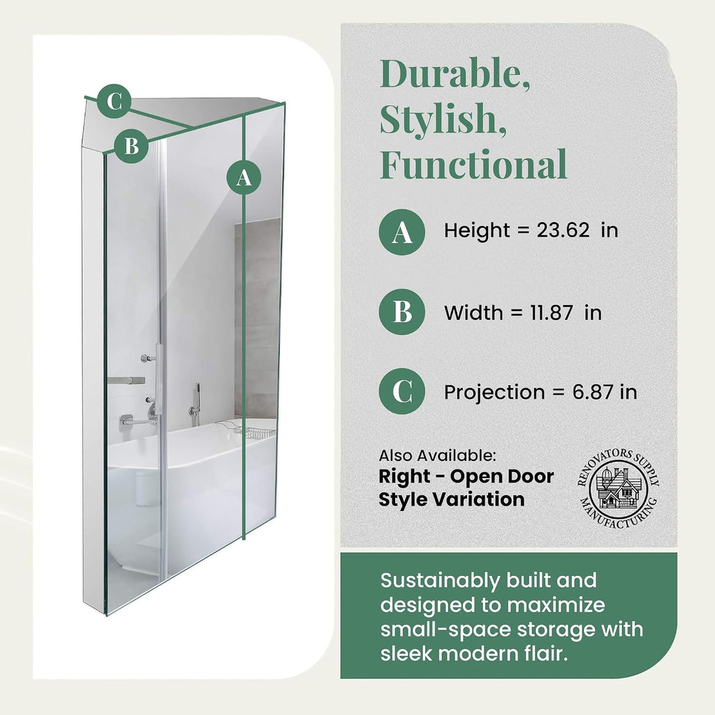 Renovator's Supply Corner Medicine Cabinet Stainless Steel Mirrored Door Polished Triple Shelf Wall Mount Rustproof,Silver