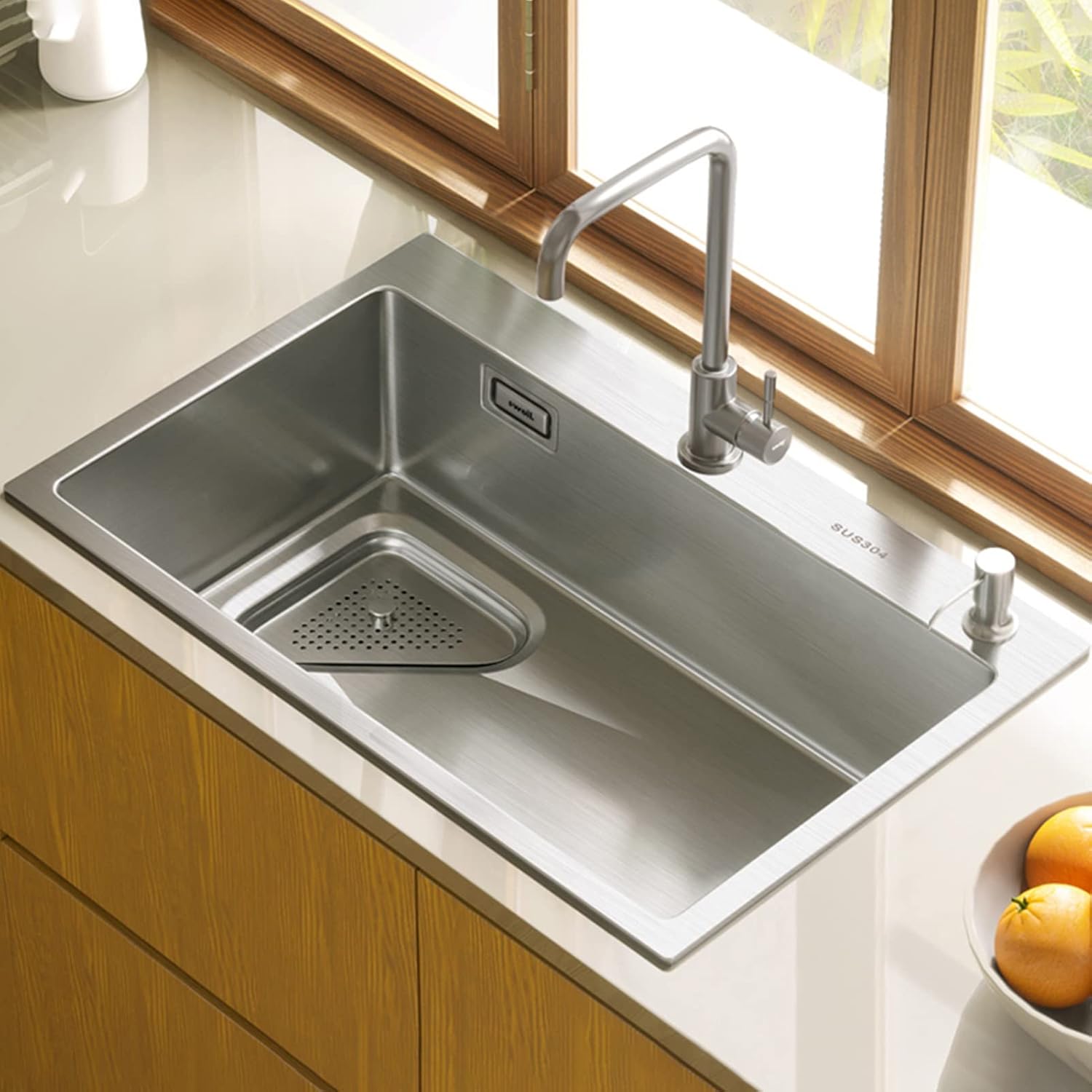 Silver Single Bowl Bar Prep Sink 304 Stainless Steel Kitchen Sink RV Sink with Drain Pipe and Installation Kit Drop in Or Undermount (Color : A-Have Faucet, Size : 68x45x21cm) (Ahave Faucet 55x45