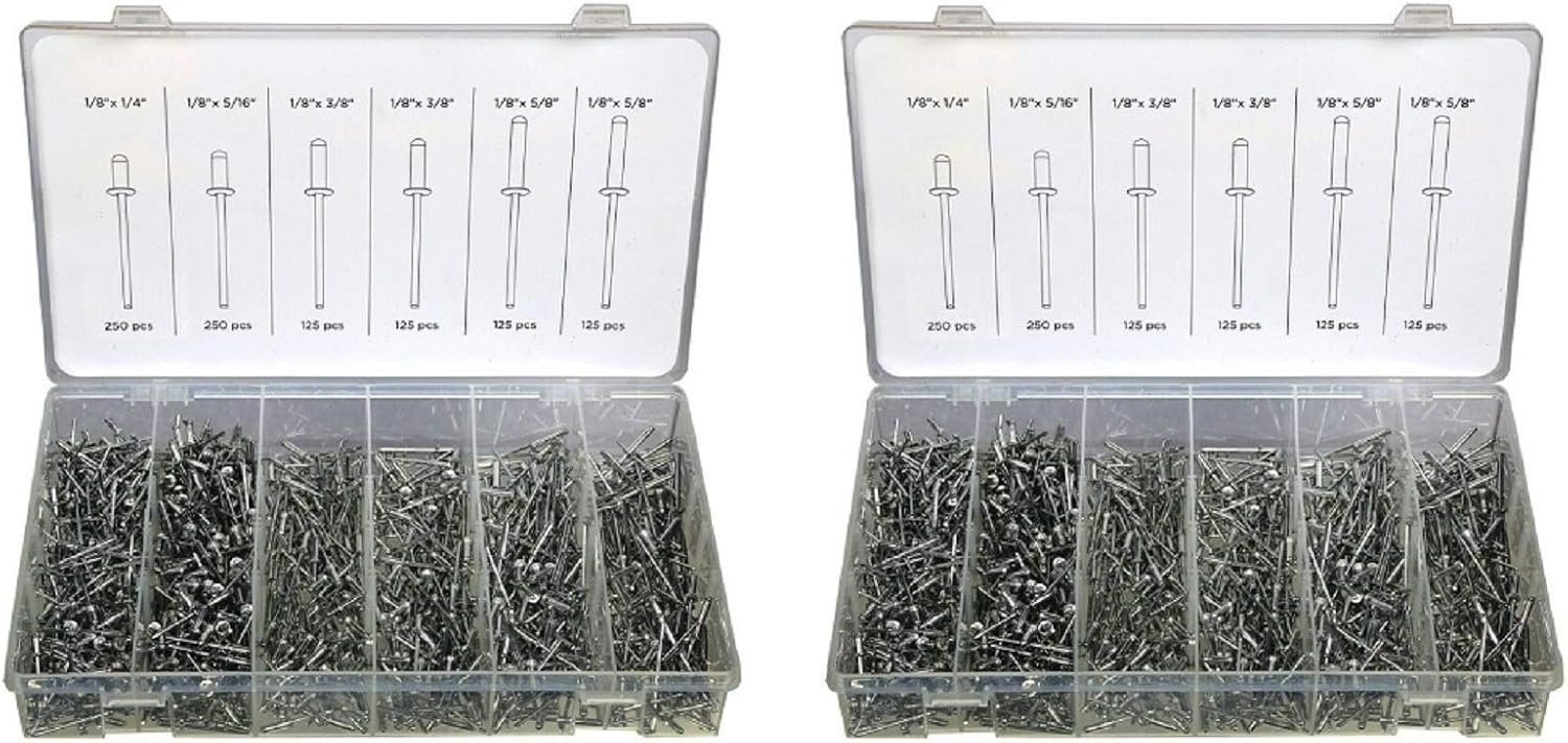 2 pack 1000pc 1/8' Aluminum Blind Pop Rivet Assortment 4 Hand/Air Riveter Gun Rivet Set, Jikkolumlukka