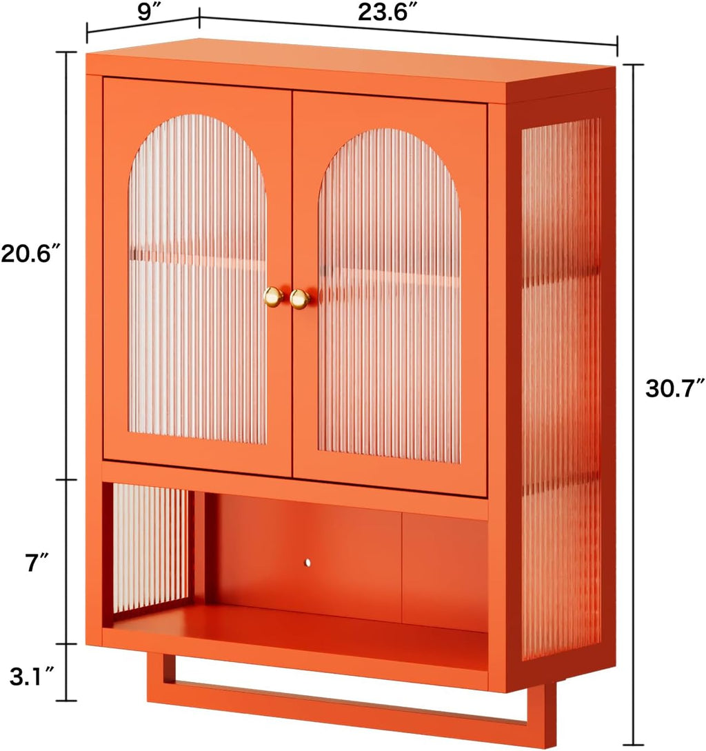 ALBAD Metal Bathroom Wall Cabinet with Fluted Glass Door and Towel Bar Wall-Mounted Medicine Cabinets Over the Toilet for Modern Bathroom, Kitchen, Garage, Laundry Room, Orange