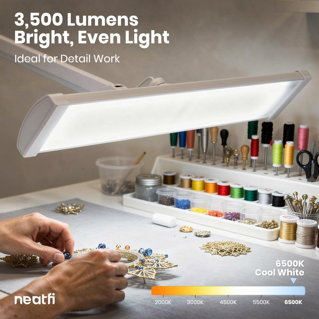 Neatfi Ultra 3,500 Lumens LED Desk Lamp with Base– 45W, 270 SMD LEDs, Shadow-Free | Adjustable Brightness | Non-Flickering Task Light for Nail, Craft & Office (White-3, 26-Inch Wide Shade)