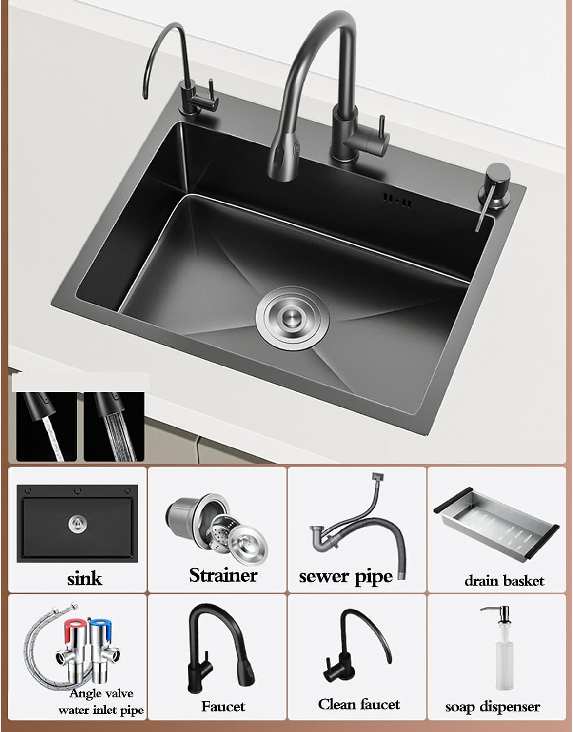 Kitchen Sinks, Single Bowl Stainless Steel Countertop Siphon Sink with Faucet Multiple Size Single Bowl Sink Kitchen Dishwashibasin Bathroom Hand Washisink (50 * 40 * 20Cm