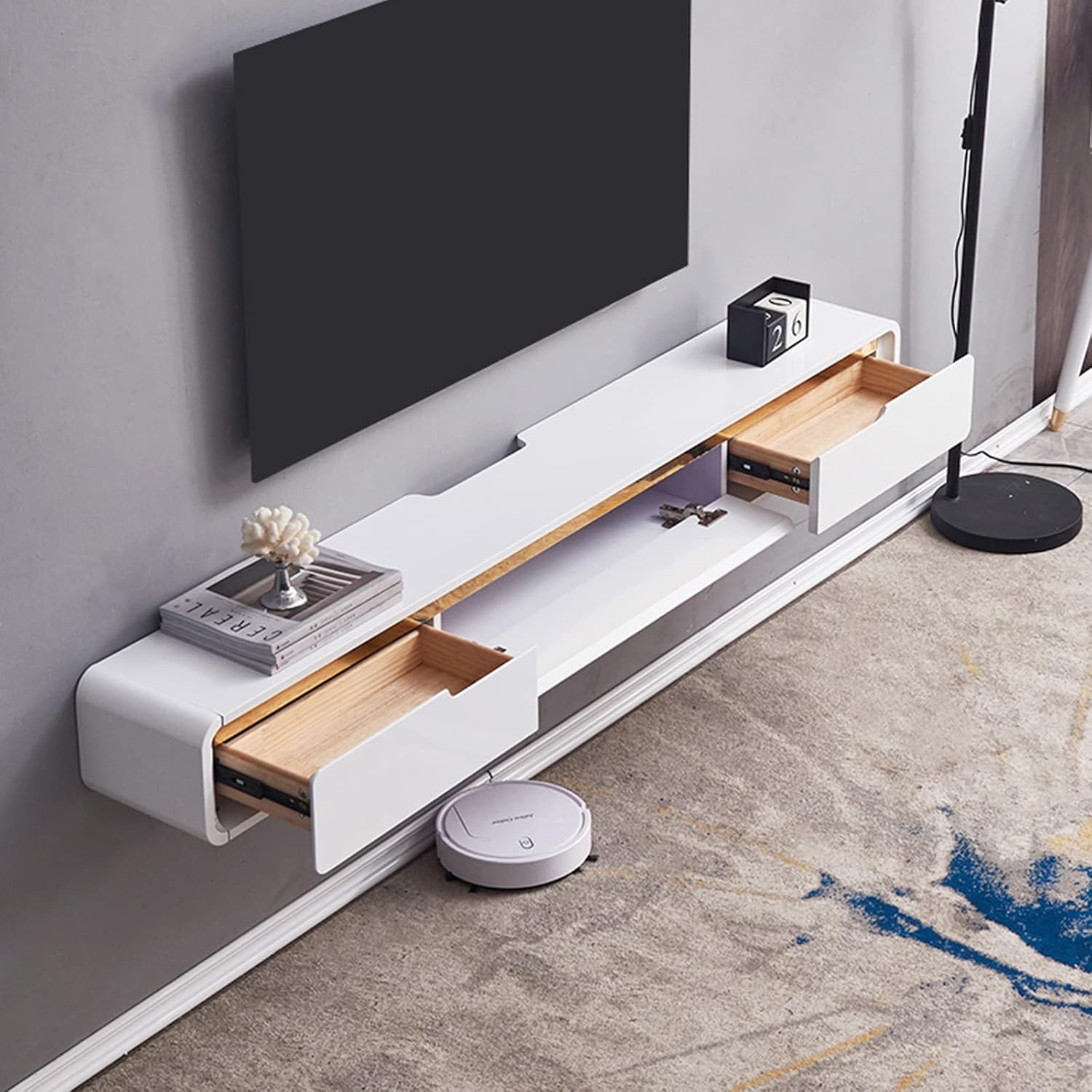 FPIGSHS Wall Mounted Media Console with 2 Drawers Solid Wood Floating TV Stand Hanging TV Shelf Entertainment Center TV Cabinet, for Home Office (D, 47.2 inches)