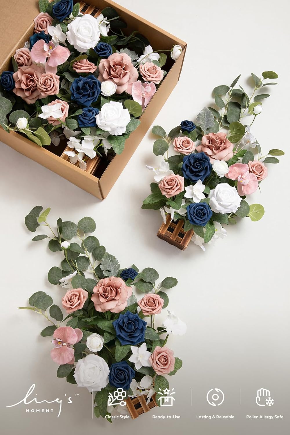Ling's moment 17.5' Tall Standing Artificial Flowers Arrangements 4 pcs Wedding Aisle Runner Chair Decorations Dusty Rose Navy Centerpieces for Ceremony Reception Rose Floral Party Outdoor