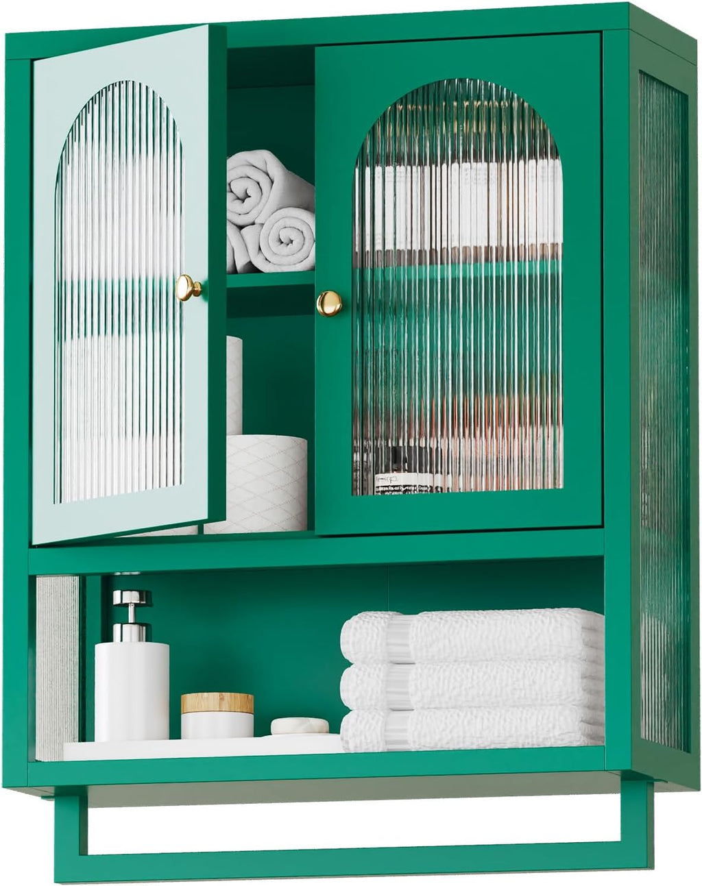 ALBAD Metal Bathroom Wall Cabinet with Fluted Glass Door and Towel Bar Wall-Mounted Medicine Cabinets Above the Toilet for Modern Bathroom, Kitchen, Garage, Laundry Room, Green