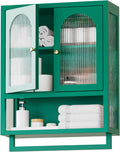 ALBAD Metal Bathroom Wall Cabinet with Fluted Glass Door and Towel Bar Wall-Mounted Medicine Cabinets Above the Toilet for Modern Bathroom, Kitchen, Garage, Laundry Room, Green