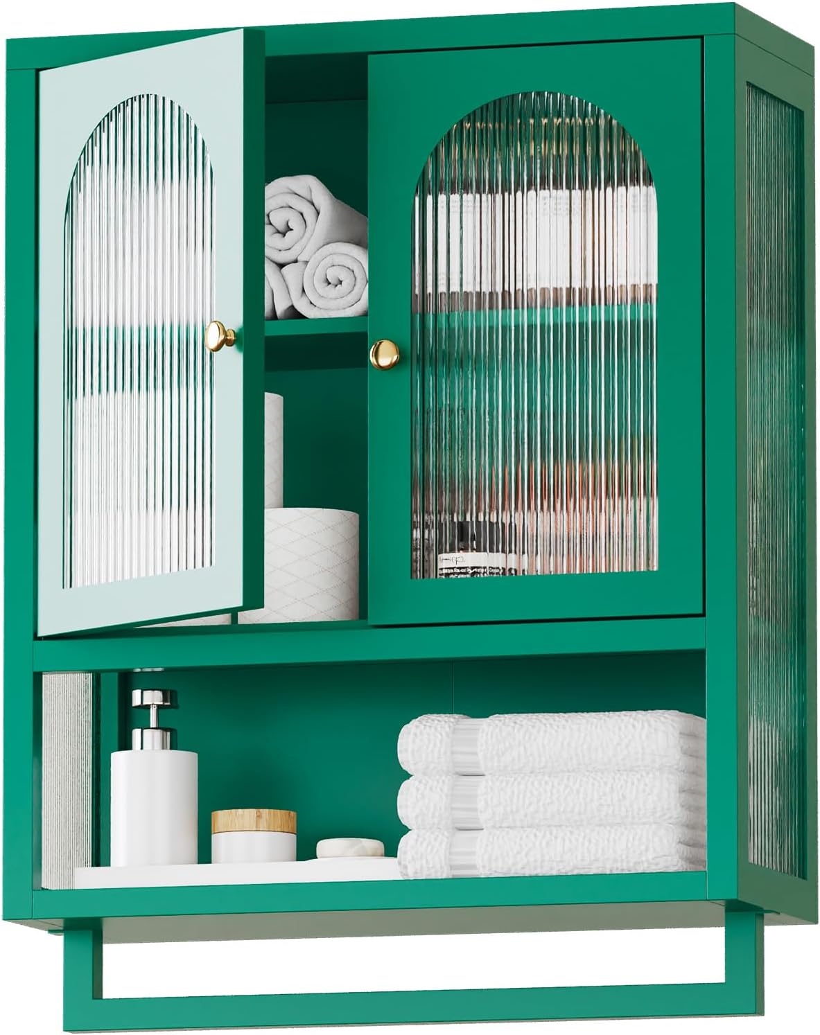 ALBAD Metal Bathroom Wall Cabinet with Fluted Glass Door and Towel Bar Wall-Mounted Medicine Cabinets Above the Toilet for Modern Bathroom, Kitchen, Garage, Laundry Room, Green