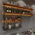 Solid Wood Wall Mounted Wine Rack, Large Wine Rack with LED Light, 4 Tiers Liquor Bottles Floating Shelves with Glass Holder, Industrial Bar Shelves for Home Bar Dining Room(51.2 in/ 130CM)