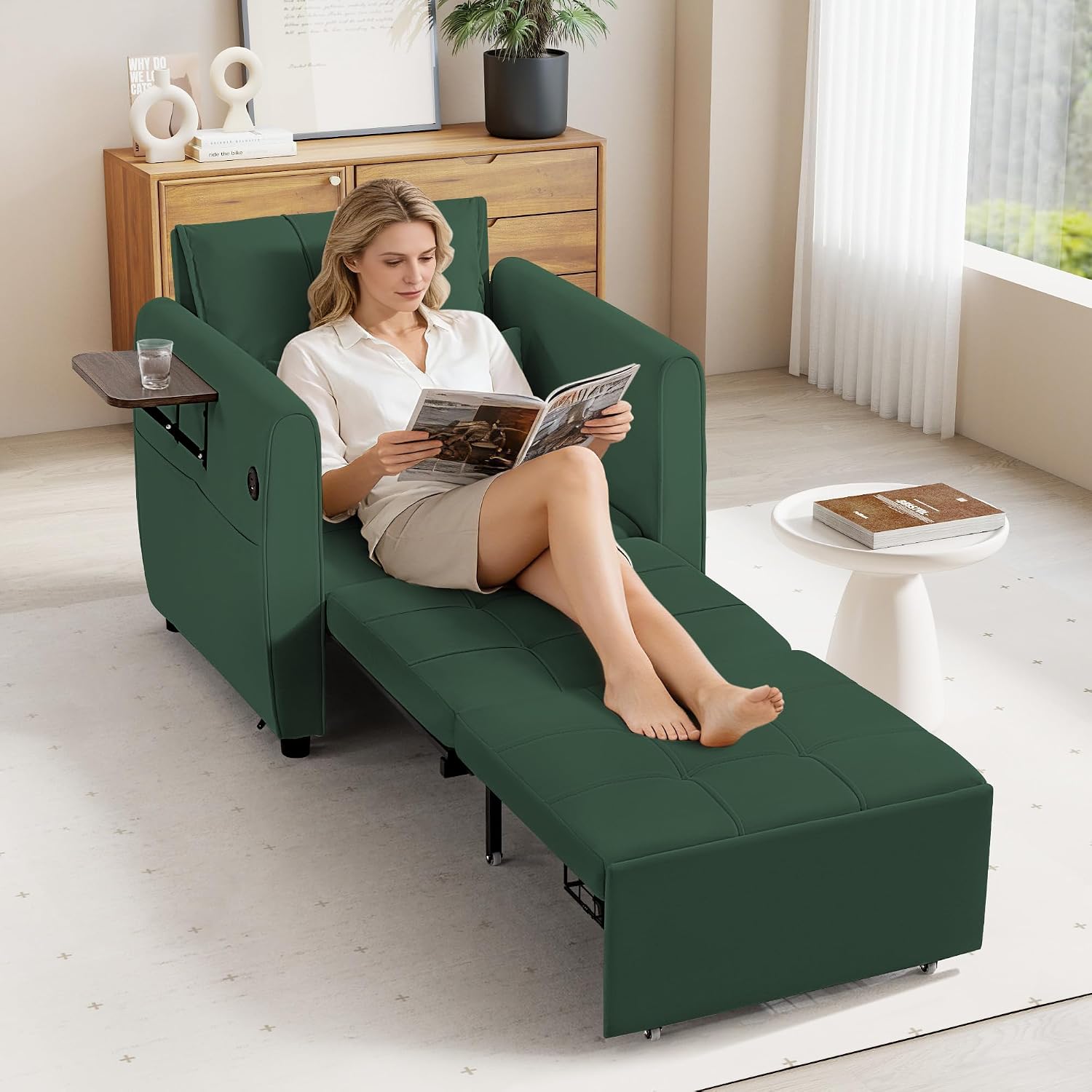 Suvivityse 90' Convertible Sleeper Chair Bed, 4 in 1 Pull Out Single Sofa Bed, Adjustable Backrest Recliner with USB Port, Storage Basket, Folding Side Table, for Living Room Apartment Small Place