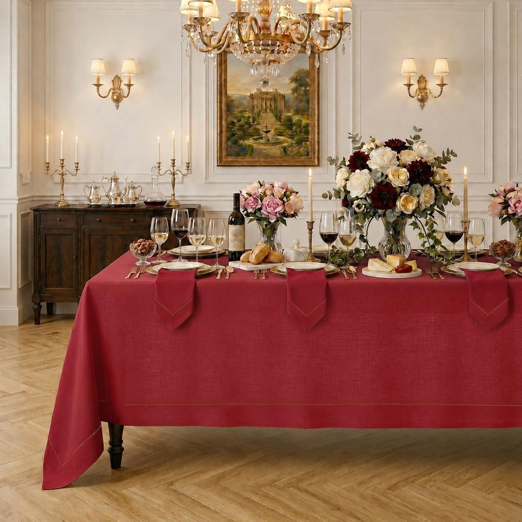 Signature Linen™ by D'Moksha Red Tablecloth, Rectangle Tablecloth 60 x 144 Inch, 100% Pure Linen, Hemstitch, Machine Washable, Long Table Cloth- Summer