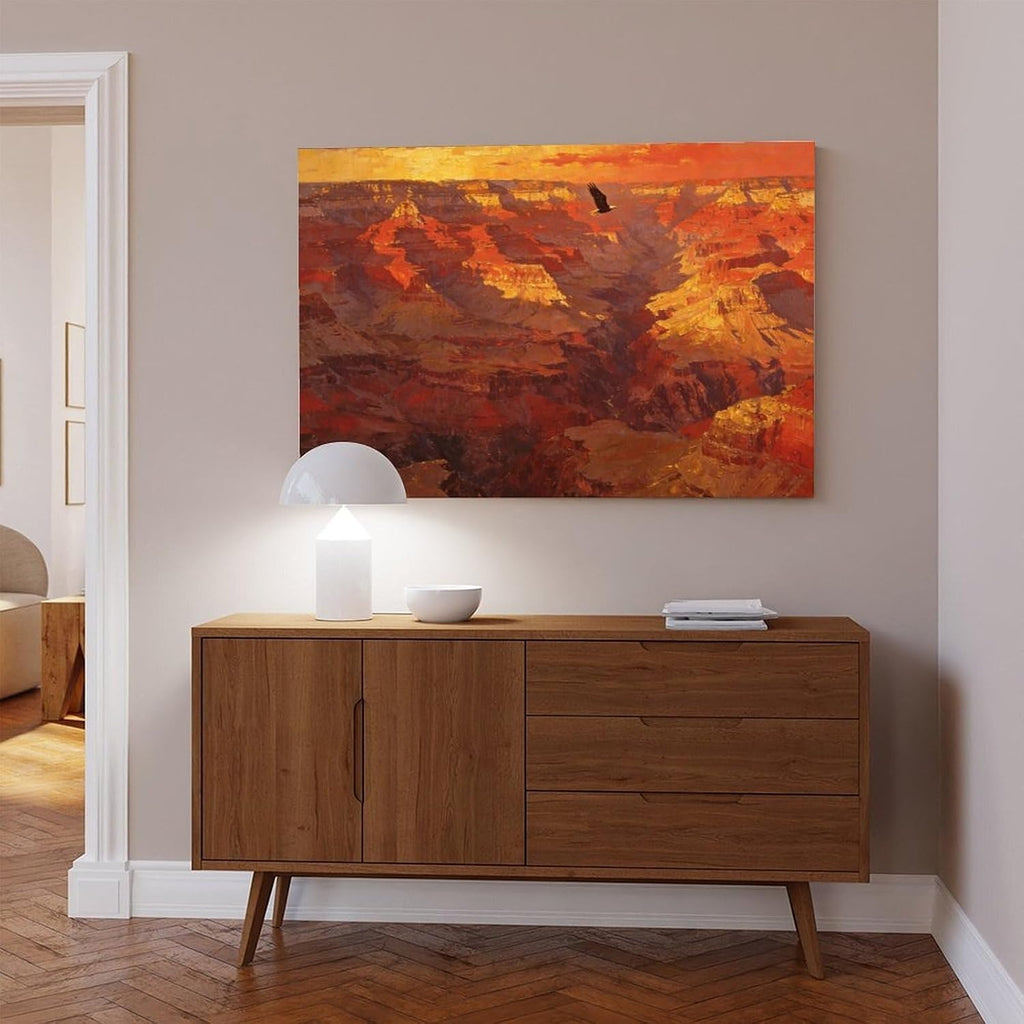 Canyon Sunset Landscape Wall Art Print, Dramatic Red Rock Vista with Soaring Eagle Painting Poster for Home Office Decor 24x36inch(60x90cm)