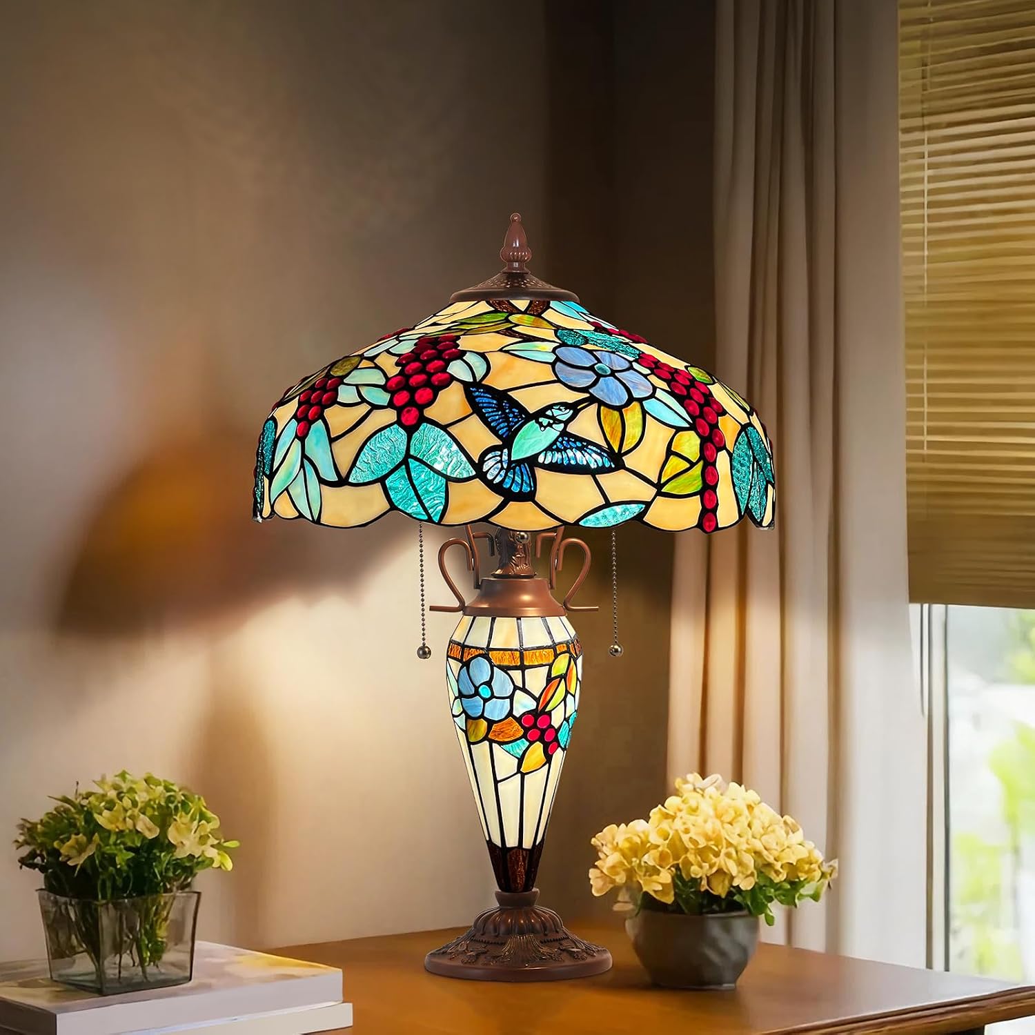 Capulina Tiffany Lamp Stained Glass Table Lamp with Nightlight 3-Light 16X16X25 Inches Mother-Daughter Vase Grape Tiffany Style Desk Lamp for Home Office Living Room Bedroom
