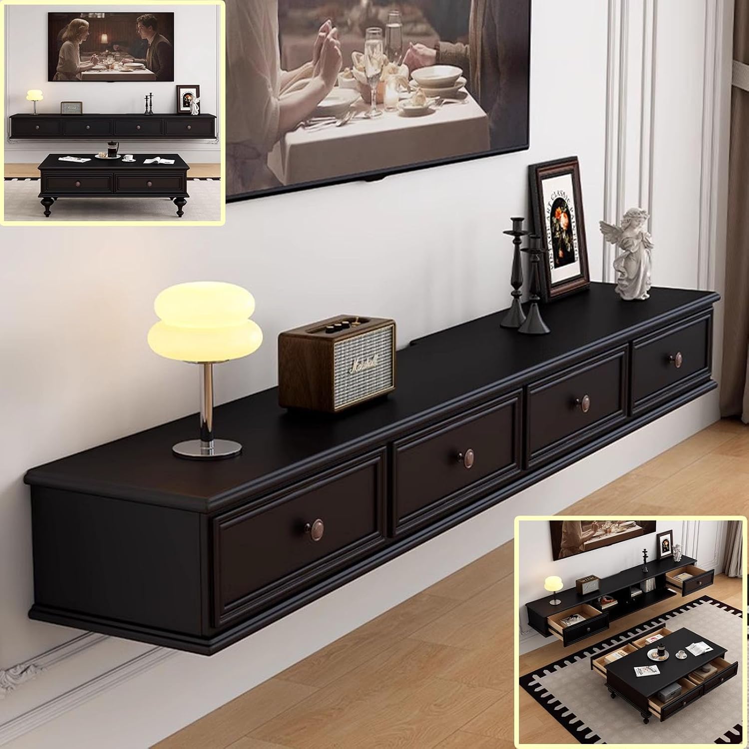 Floating TV Stand Large Floating TV Shelves Wall Mounted Multi Storage Compartment TV Media Console Floating TV Cabinet Bench Under TV Large Storage (Black D, 78.7 * 7.9 * 9.4 in)