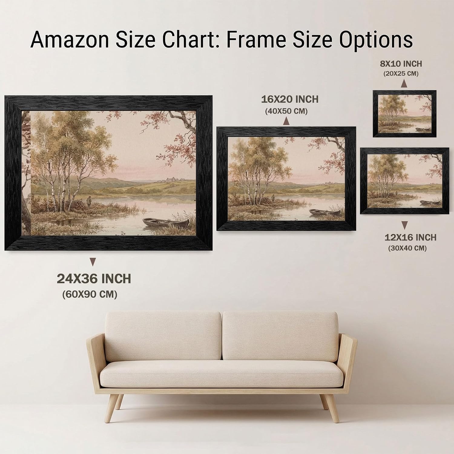 Framed Birch Tree Landscape Wall Art - 19th-Century Pastoral Watercolor Style - Black Frame Modern Home Decor - Serene Nature Print for Living Room and Office - Ready to Hang - 24x36 Inch