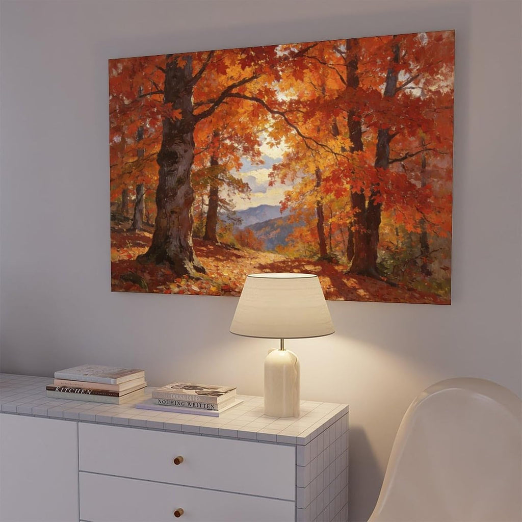 Autumn Forest Wall Art Print, Vibrant Red Maple Tree Landscape Painting, Fall Foliage Poster for Living Room Bedroom Decor 24x36inch(60x90cm)