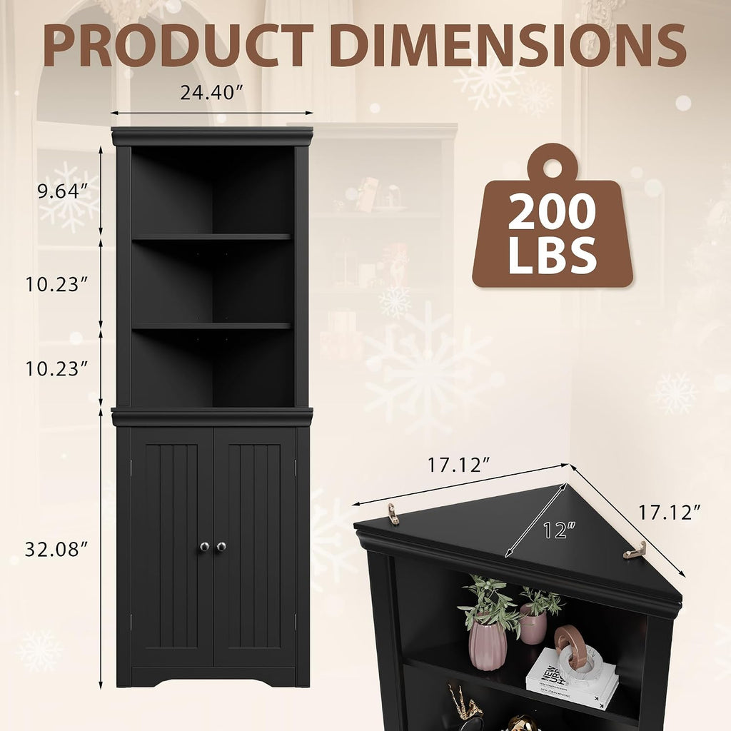 Furmax 62' Corner Cabinet, Bathroom Storage Cabinet with 6 Adjustable Shelves & 2 Doors, Freestanding Corner Shelf for Living Room, Bathroom, Kitchen (Black)