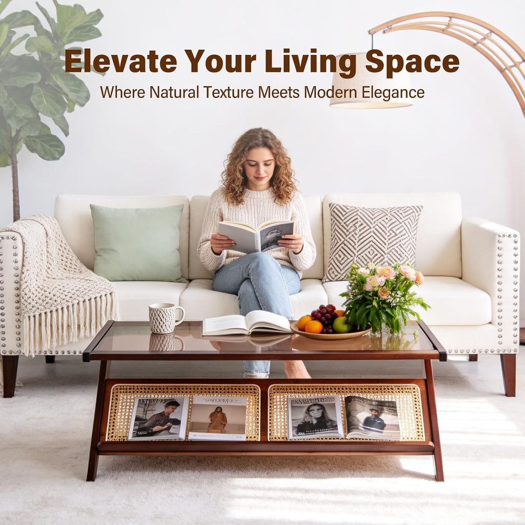 Tiita Rattan Coffee Table, Bamboo Accent Bedside Tables, Glass Nightstand Side Table, Boho Wooden End Table with Storage for Living Room,Living Room, Dining Room, Tea, Home Décor