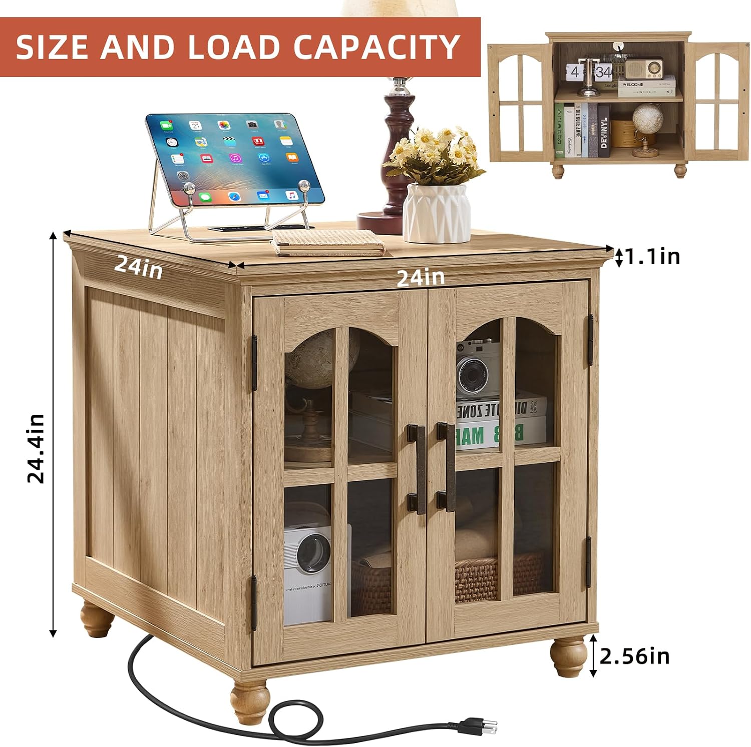 RWYHG Farmhouse End Table with Charging Station,24' Large Sofa Side Table with Glass Barn Door,Rustic Wood Night Stand with Adjustable Storage Shelf,Square Bedside Table for Living Room,Bedroom Office