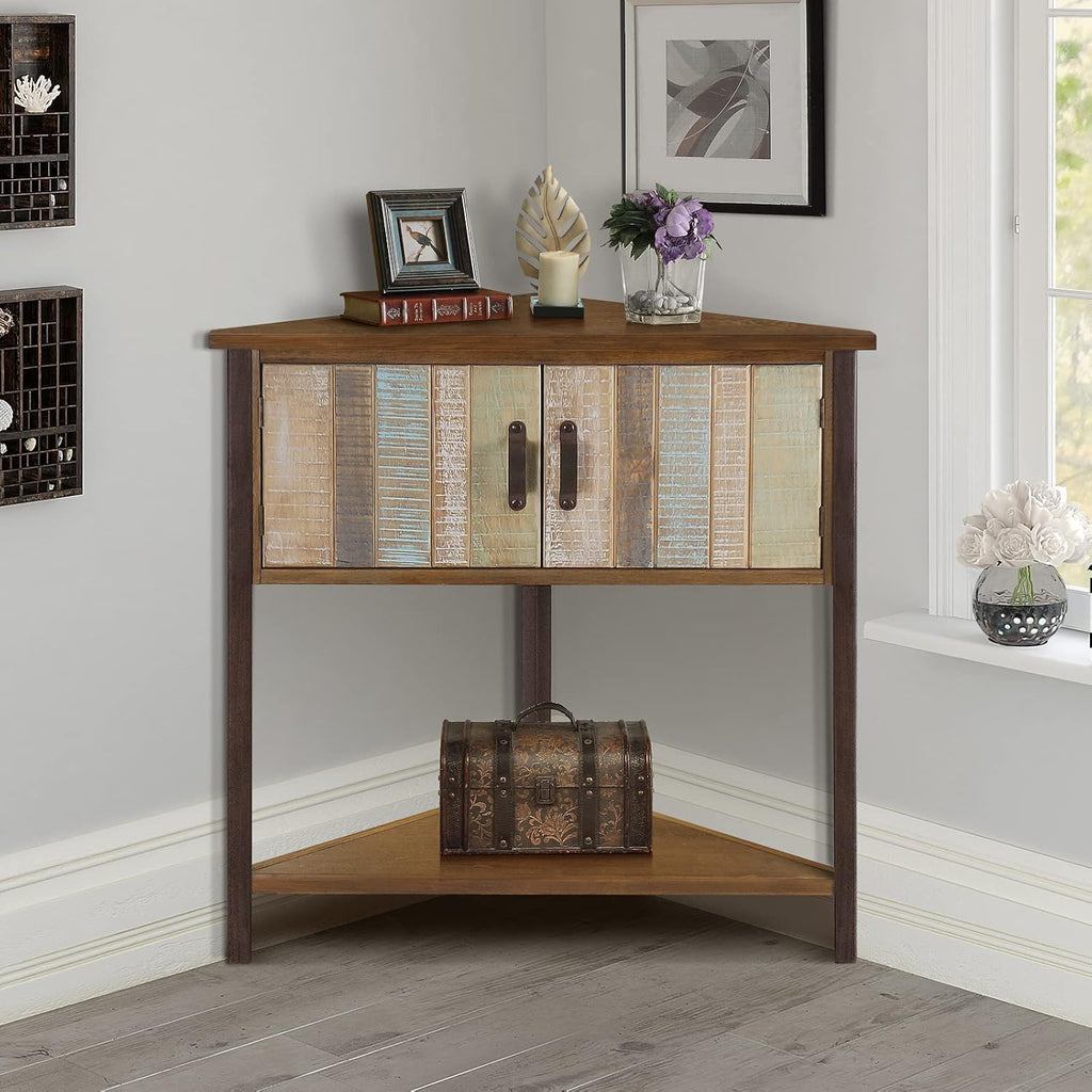 Solid Wood Corner Cabinet with Storage - Entryway Cabinet with Storage, Small Space Solution for Living Room, Apartment, Rustic Cabin Style Accent Table (Natural Blue)