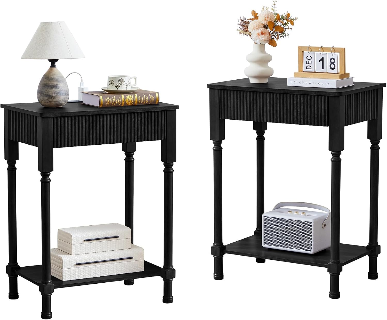 23.6' Large End Table with Charging Station, Set of 2, Modern Farmhouse Side Table with Drawer&Open Shelf, Fluted Wood Bedside Table Sofa Tables Night Stand for Bedroom Living Room Home Office, Black