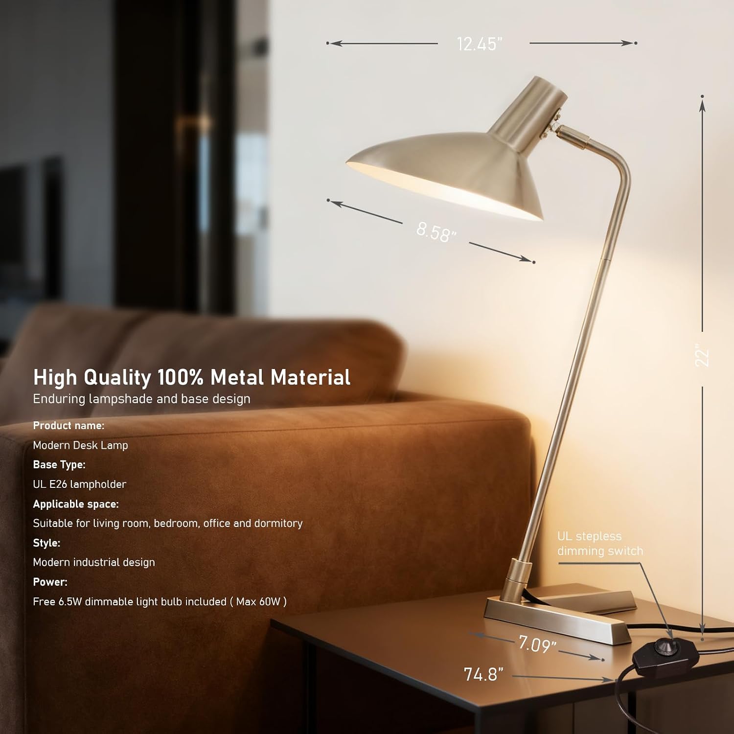 Industrial Desk Lamp Metal Modern Table Lamp 22', Adjustable Neck (4000K) with Adjustable Switch, Ideal for Office Desk Bedroom Bedside Lamps Study Room Living Room Side Table (Nickel)