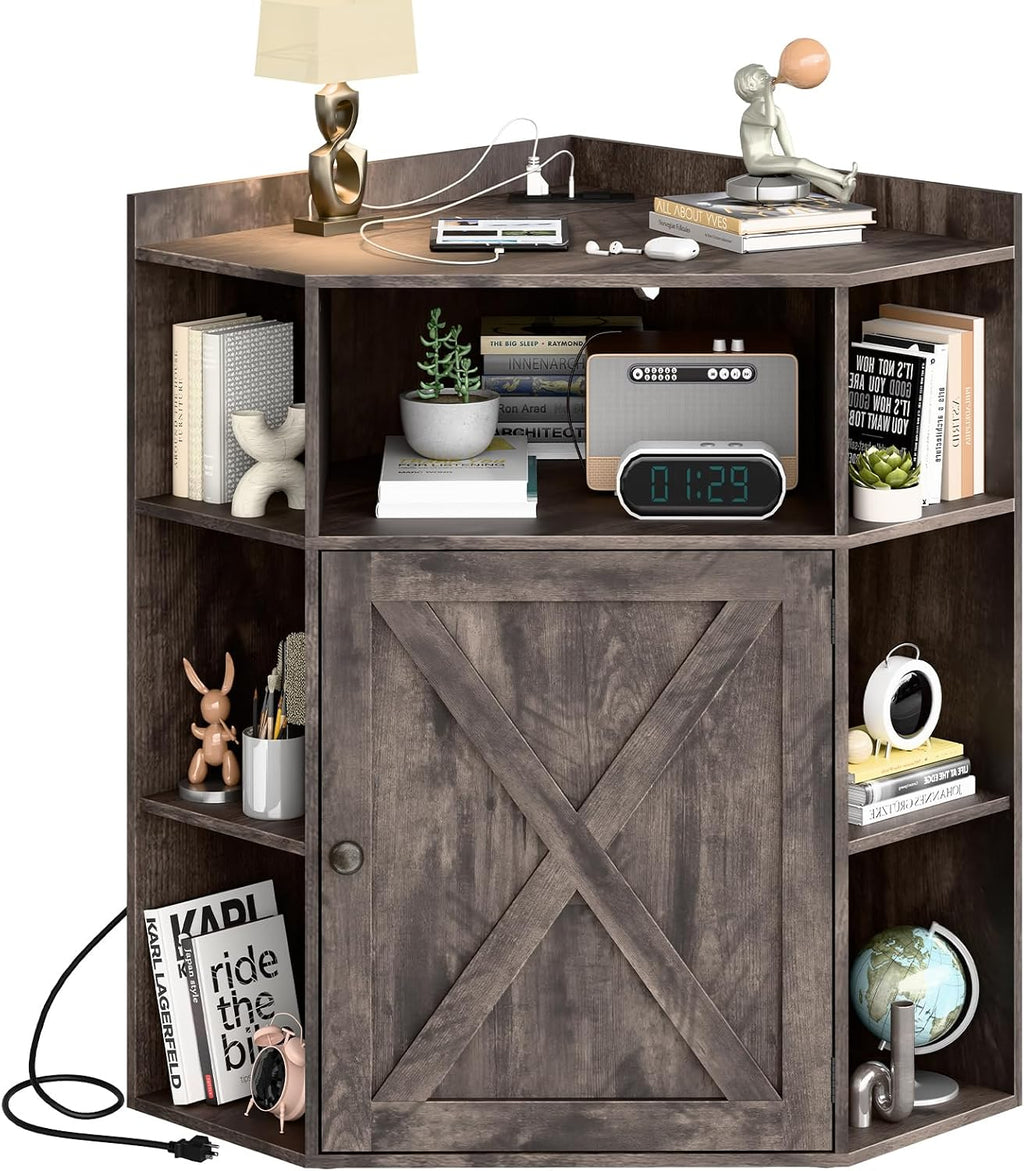 Halitaa Corner Storage Cabinet, Farmhouse Corner Bookshelf with Storage 6-Cubby Wooden Cabinet with USB Ports and Outlets Industrial Organizer for Small Space, Study, Playroom, Living Room