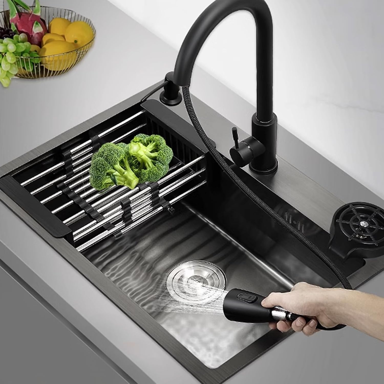 Kitchen Sinks,Stainless Steel Sink Single Bowl Sink, Kitchen Sink Pullout Faucet Includiglass Washer and Accessories/Black/50 * 45 * 20Cm (Black-50 * 45 * 20Cm