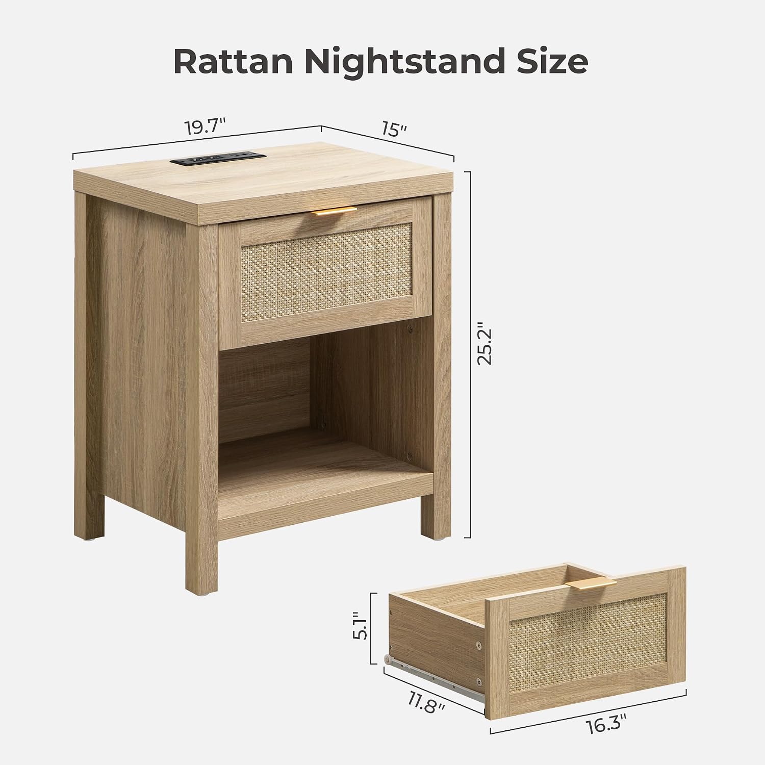 SICOTAS Night Stand with Charging Station - Rattan Nightstand with Type-C and USB Ports, Farmhouse Boho Bed Side Table with Drawer and Open Shelf for Bedroom Small Space, Light Oak
