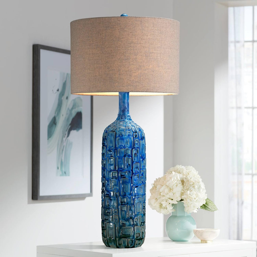 Possini Euro Design Mid Century Modern Style Table Lamp Ceramic Tiled Teal Tall Tan Linen Fabric Drum Shade Decor for Living Room Bedroom House Bedside Home Office Entryway (Colors May Vary)