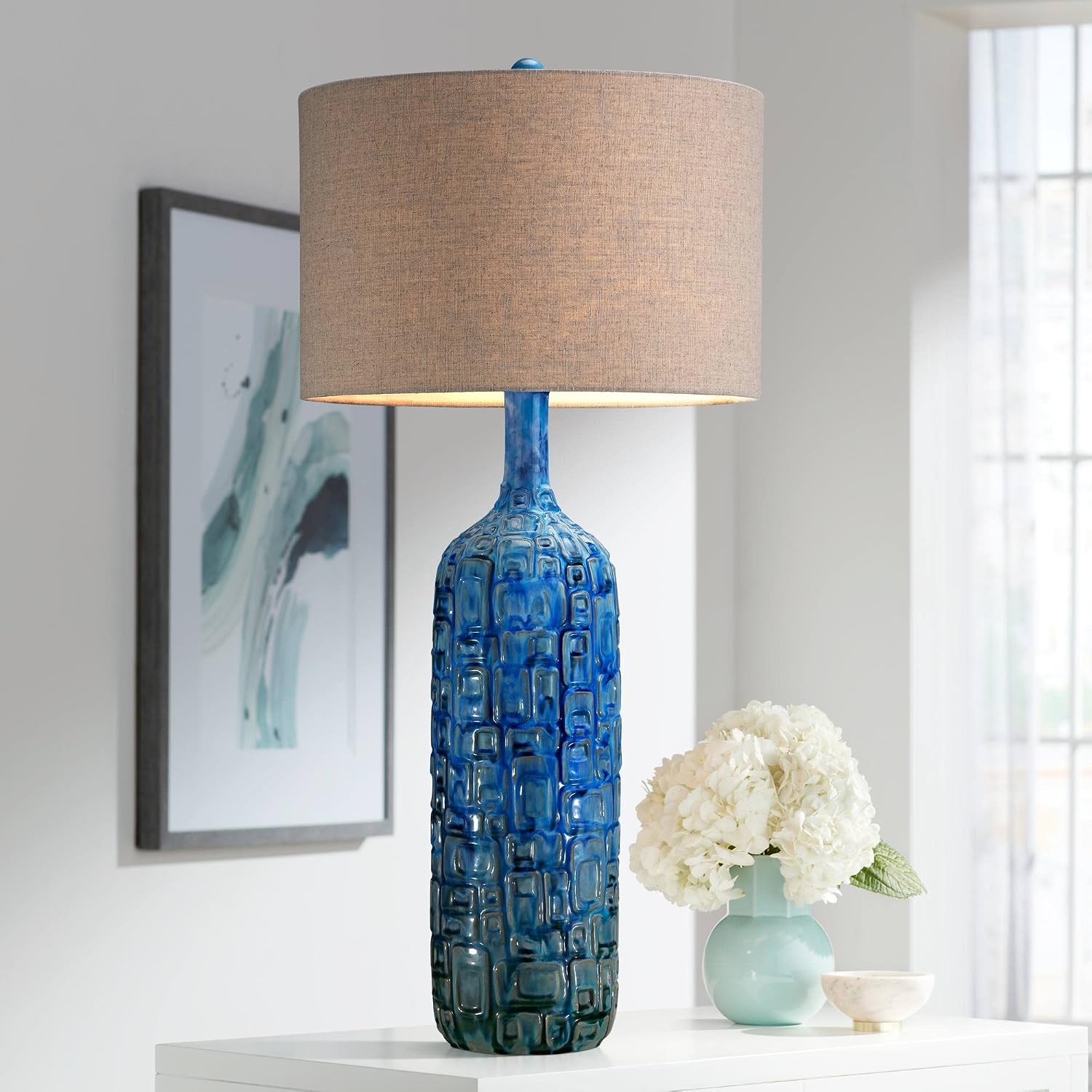 Possini Euro Design Mid Century Modern Style Table Lamp Ceramic Tiled Teal Tall Tan Linen Fabric Drum Shade Decor for Living Room Bedroom House Bedside Home Office Entryway (Colors May Vary)
