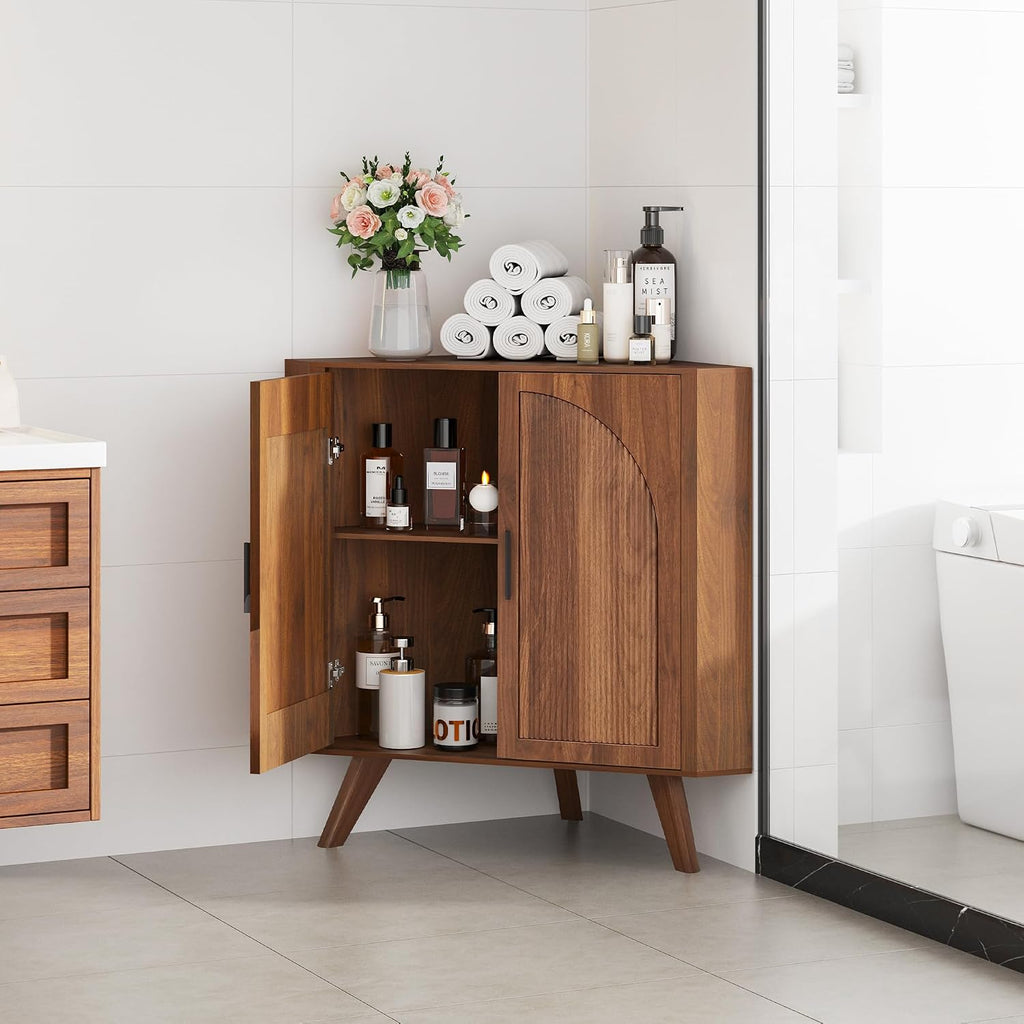 BERRYMERRY Fluted Corner Cabinet with Storage,Space Saving Corner Floor Cabinet with Adjustable Shelve & Arched Profile Door for Living Room Kitchen Bathroom (Brown, 15.7'D x 31.5'W x 30.7'H)