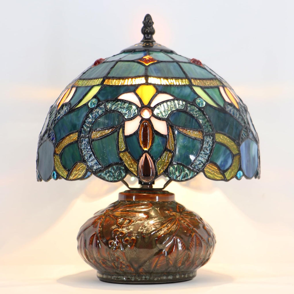 Small Tiffany Table Lamp, 10X10X11 Inch Mini Stained Glass Mushroom Desk Light Memory Sympathy Ceramic lamp (Blue Baroque Style)