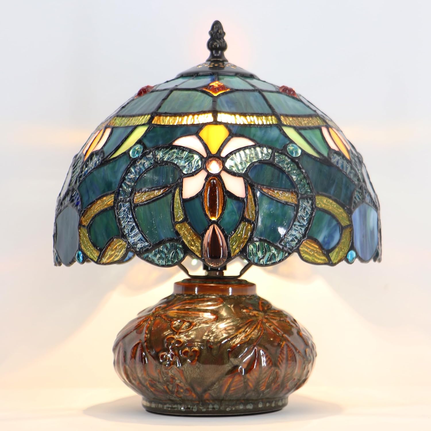 Small Tiffany Table Lamp, 10X10X11 Inch Mini Stained Glass Mushroom Desk Light Memory Sympathy Ceramic lamp (Blue Baroque Style)