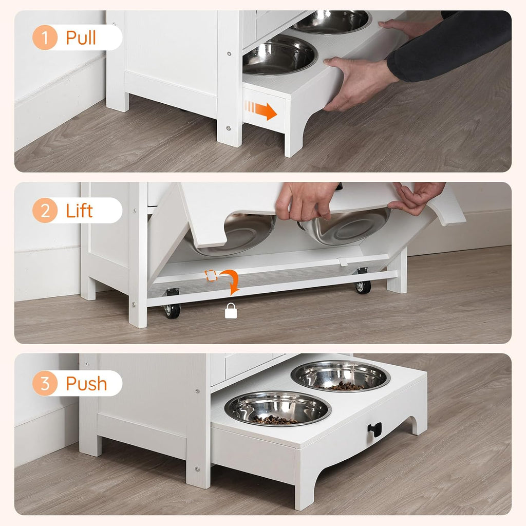 HOOBRO Dog Feeding Station with Feeding Bowls, Pet Organizer Cabinet with Storage and Hooks, Pet Feeding Station with Sliding Drawer and 2 Hidden Bowls for Dog & Cat, White WT12PO03G1