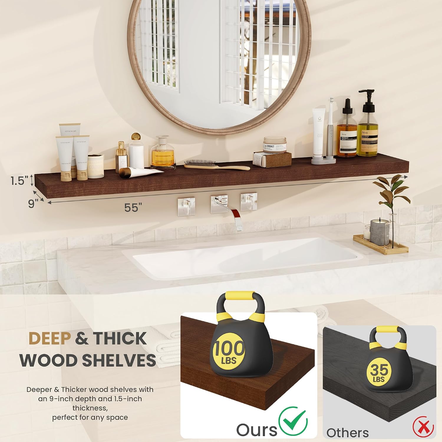 RICHFOCUS Floating Shelves for Wall 55 Inch Solid USA-Sourced Oak Wooden Shelves for Bathroom Kitchen 9' Deep Modern Wood Shelf with Heavy-Duty Bracket for Wall Mounted, Walnut Finish